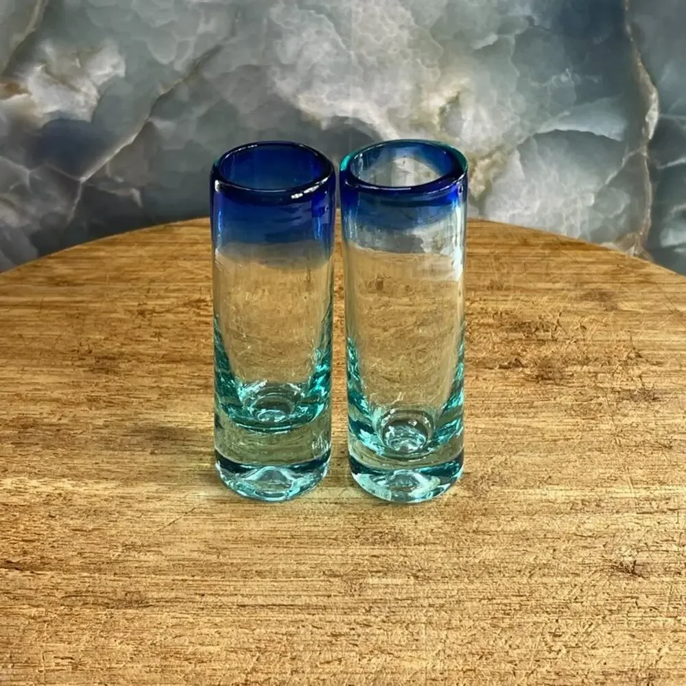 Glass Blown Shot Glasses Cobalt Blue Rim Thick Glass Set of 3 holds 2 ozs
